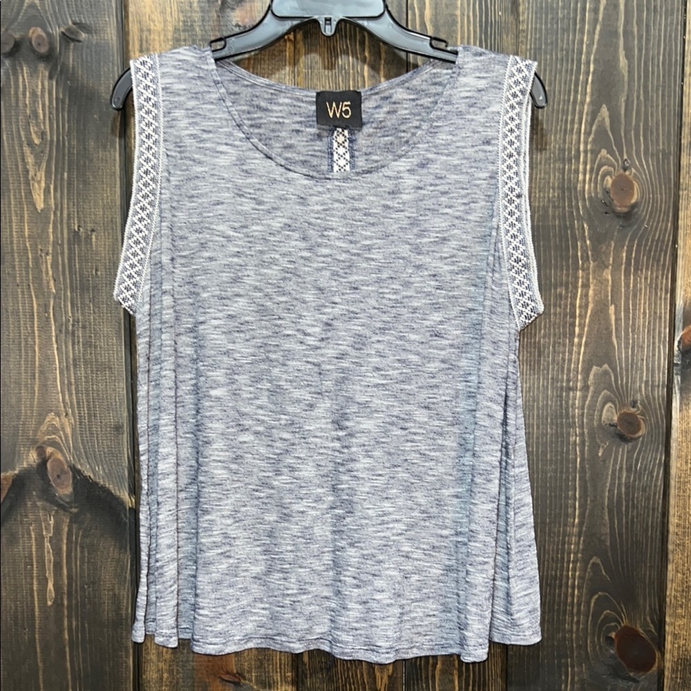 Anthropologie W5‎ Top XL Heathered Grey Woven Ribbon Trim Boho Chic Sleeveless